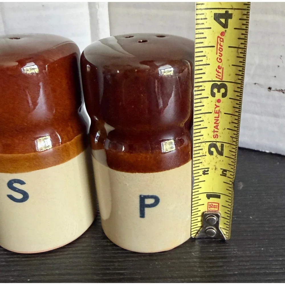 Vintage Two Tone Brown Tan Stoneware Salt and Pepper Shakers Farmhouse Ceramic